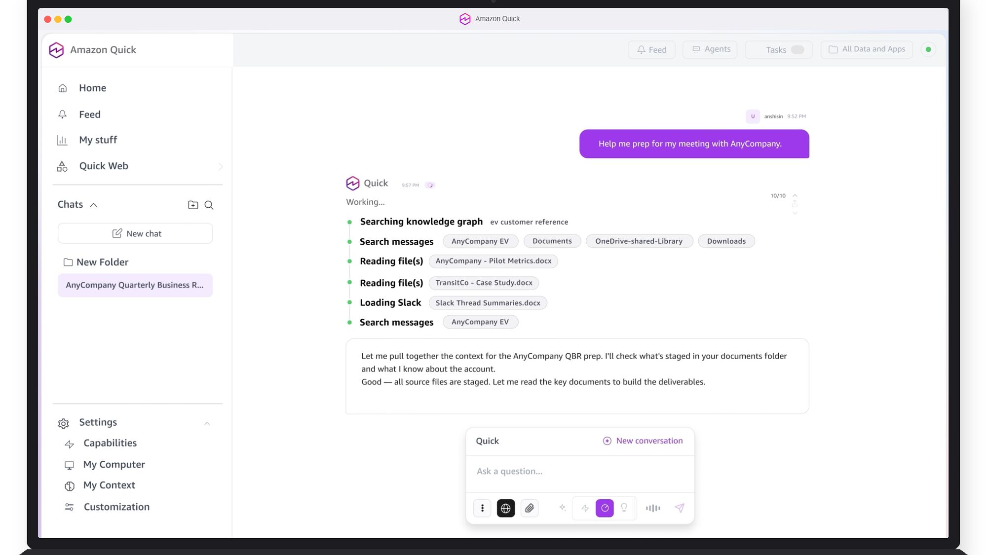 Amazon Quick interface showing AI assistant processing multiple tasks including searching knowledge graphs, reading files, and loading Slack messages for AnyCompany