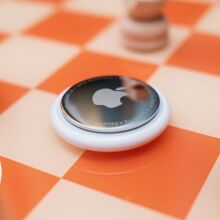apple airtag on orange checker board