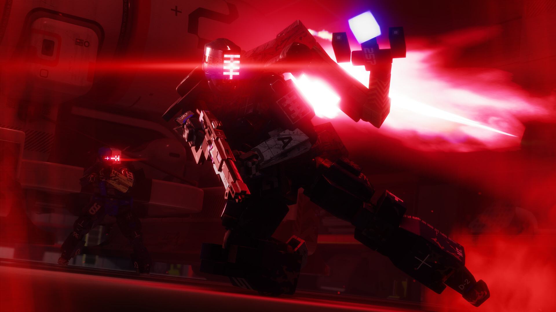 A screenshot from Marathon, showing a UESC robot jet boosting
