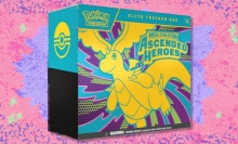 The Pokémon TCG: Mega Evolution — Ascended Heroes Elite Trainer Box on a red and purple background