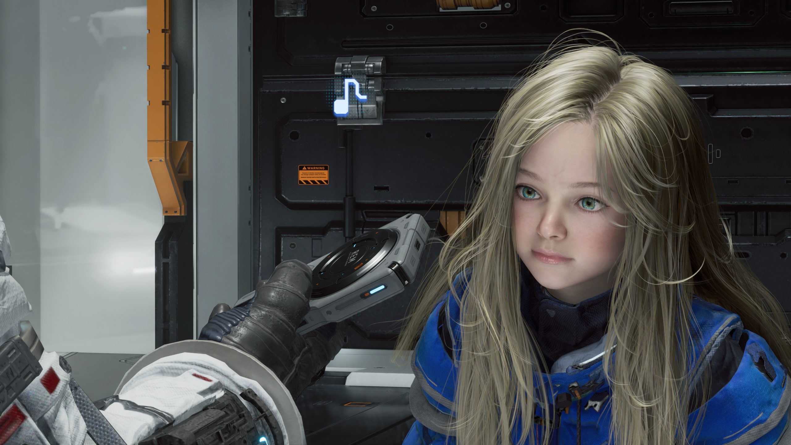 A character in PRAGMATA interacts with a robotic arm holding a device, while a digital display shows a musical note icon.