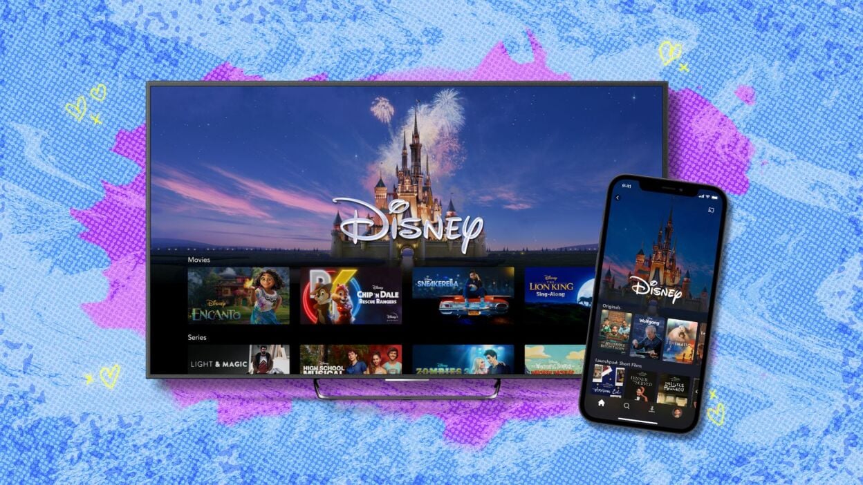 disney plus landing pages on a tv and phone against a blue and purple patterned background