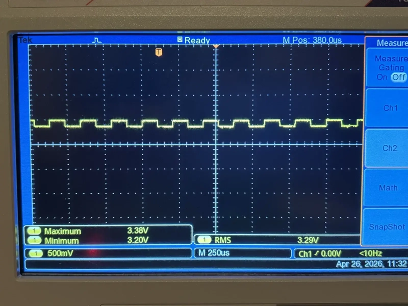 Min 3.20 V, max 3.38 V. Less than 200 mV of amplitude on what should have been a 0 V to 3.3 V square wave. Scope showing a roughly 180 mV square wave riding on top of 3.3 V instead of swinging rail to rail