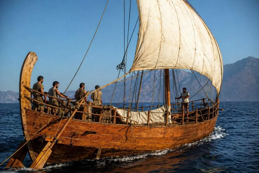 Recreación de un mercante romano similar al Ilovik-Paržine 1 navegando por el Adriático