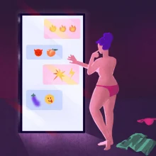 illustration of a woman in her underwear scrolling through a life-size phone.
