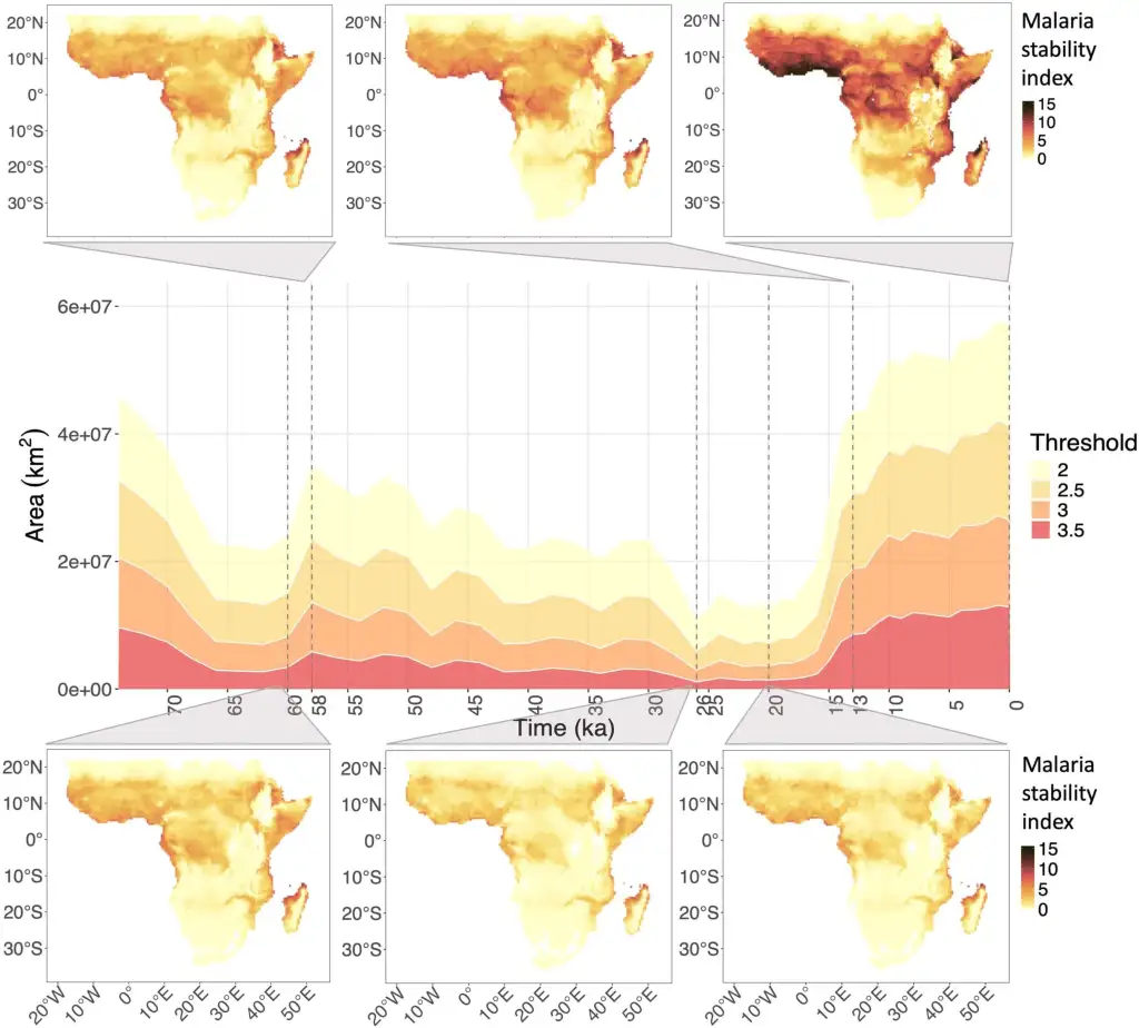Índice de estabilidad de la malaria' a lo largo del tiempo, desde hace 60 000 años hasta el presente, mostrando que las fluctuaciones en la estabilidad de la malaria (representadas por picos y valles) son consistentes independientemente del umbral de riesgo elegido. Fuente: Colucci et al., Science Advances