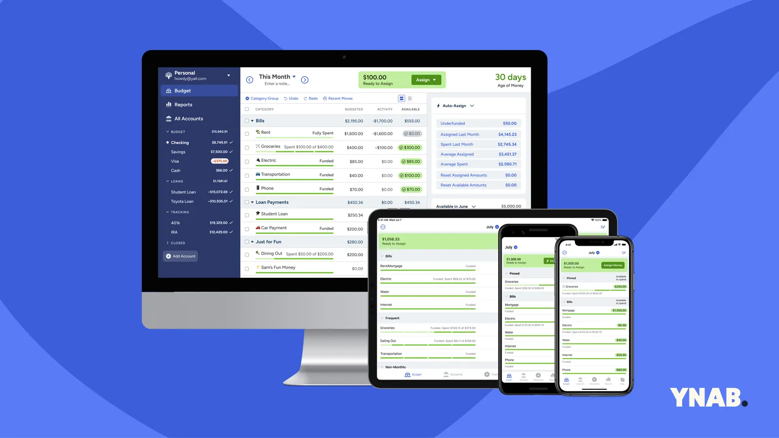 Financial planning app screenshots on a computer tablet and 2 mobile devices