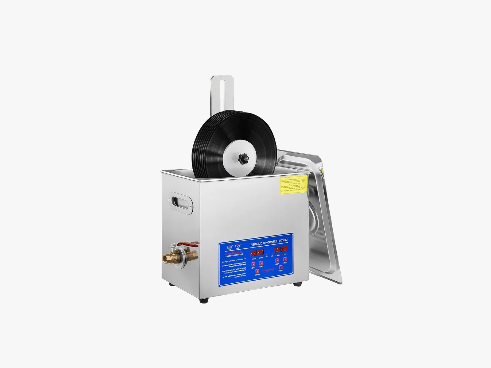 Ultrasonic Vinyl Cleaning Machine a silver cube with black records sticking out the top