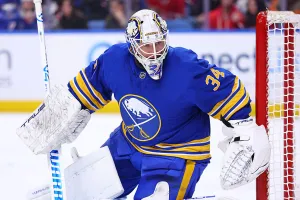 BUFFALO, NEW YORK - JANUARY 31: Alex Lyon #34 of the Buffalo Sabres tends goal against the Montréal Canadiens during an NHL game on January 31, 2026 at KeyBank Center in Buffalo, New York. (Photo by Bill Wippert/NHLI via Getty Images)
