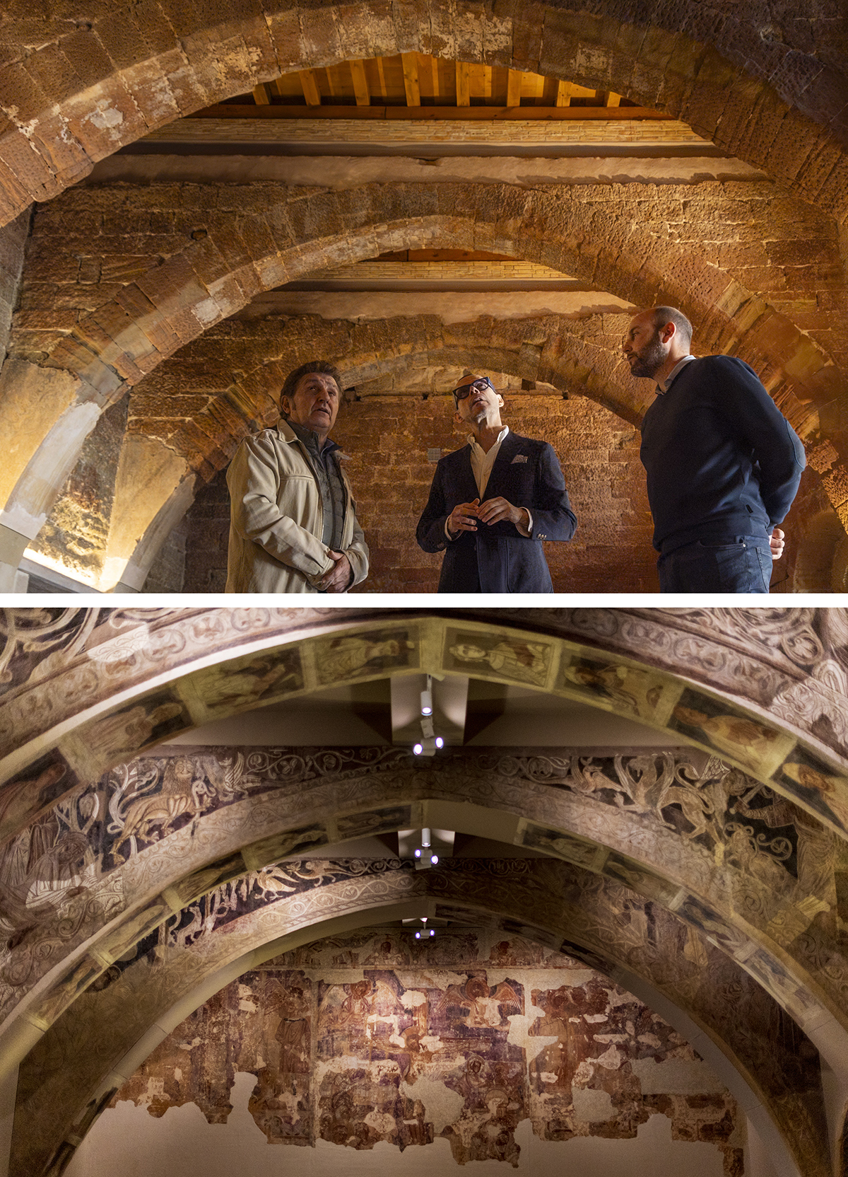 Arriba, Ildefonso Salillas, Pedro Olloqui y Jos� Jaime Castell�n ense�an la belleza del monasterio, en Sijena. Abajo, las pinturas aragonesas en la sala 16 del MNAC, en Barcelona.