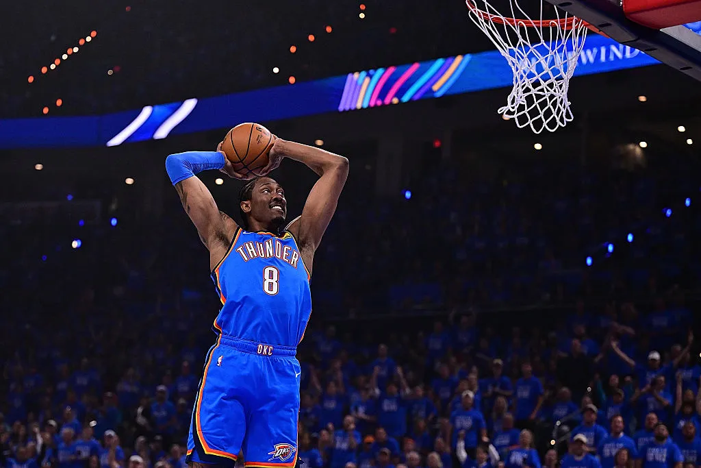 OKLAHOMA CITY, OKLAHOMA - APRIL 19: Jalen Williams #8 of the Oklahoma City Thunder goes up for a dunk during the first half against the Phoenix Suns in Game One of the Western Conference First Round NBA Playoffs at Paycom Center on April 19, 2026 in Oklahoma City, Oklahoma. NOTE TO USER: User expressly acknowledges and agrees that, by downloading and or using this photograph, User is consenting to the terms and conditions of the Getty Images License Agreement. (Photo by Joshua Gateley/Getty Images)