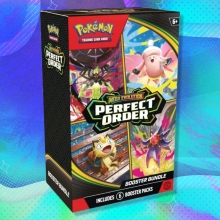 The Pokémon TCG: Mega Evolution—Perfect Order Booster Bundle on a green and blue background
