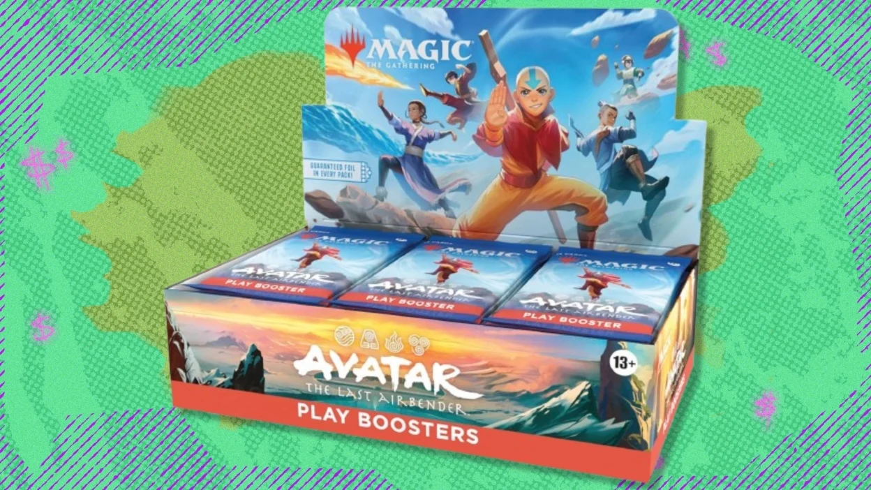 Magic: The Gathering Avatar: The Last Airbender Play Booster Box on a green and purple background