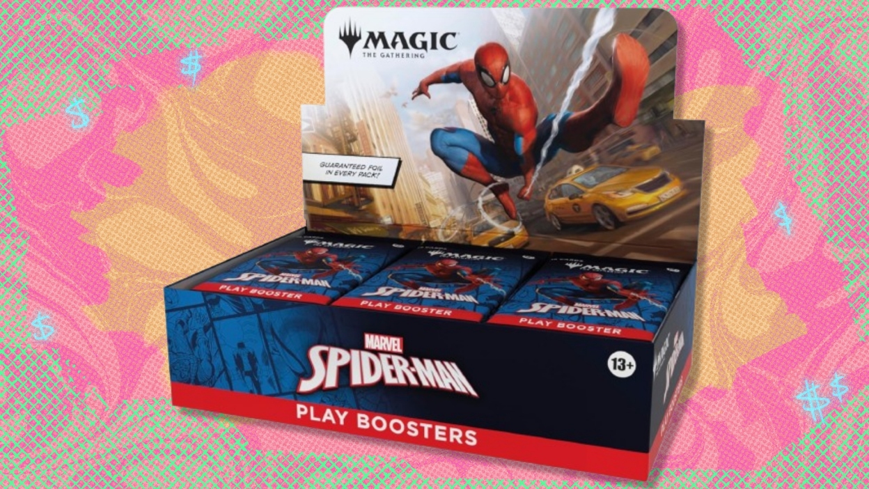 The Magic: The Gathering Marvel’s Spider-Man Play Booster Display Box on a green, orange, and red background