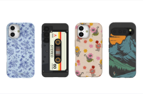 Four Pela phone cases featuring various patterns