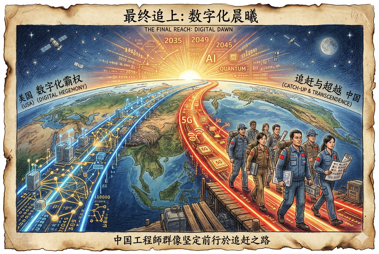 终章式远景,中国与美国两条发光赛道在地球弧面上并行延伸,前方是一轮升起的数字化晨曦,中国工程师群像在前景坚定前行,寓意“最终追上”,羊皮纸,钢笔彩色手绘的统一风格。