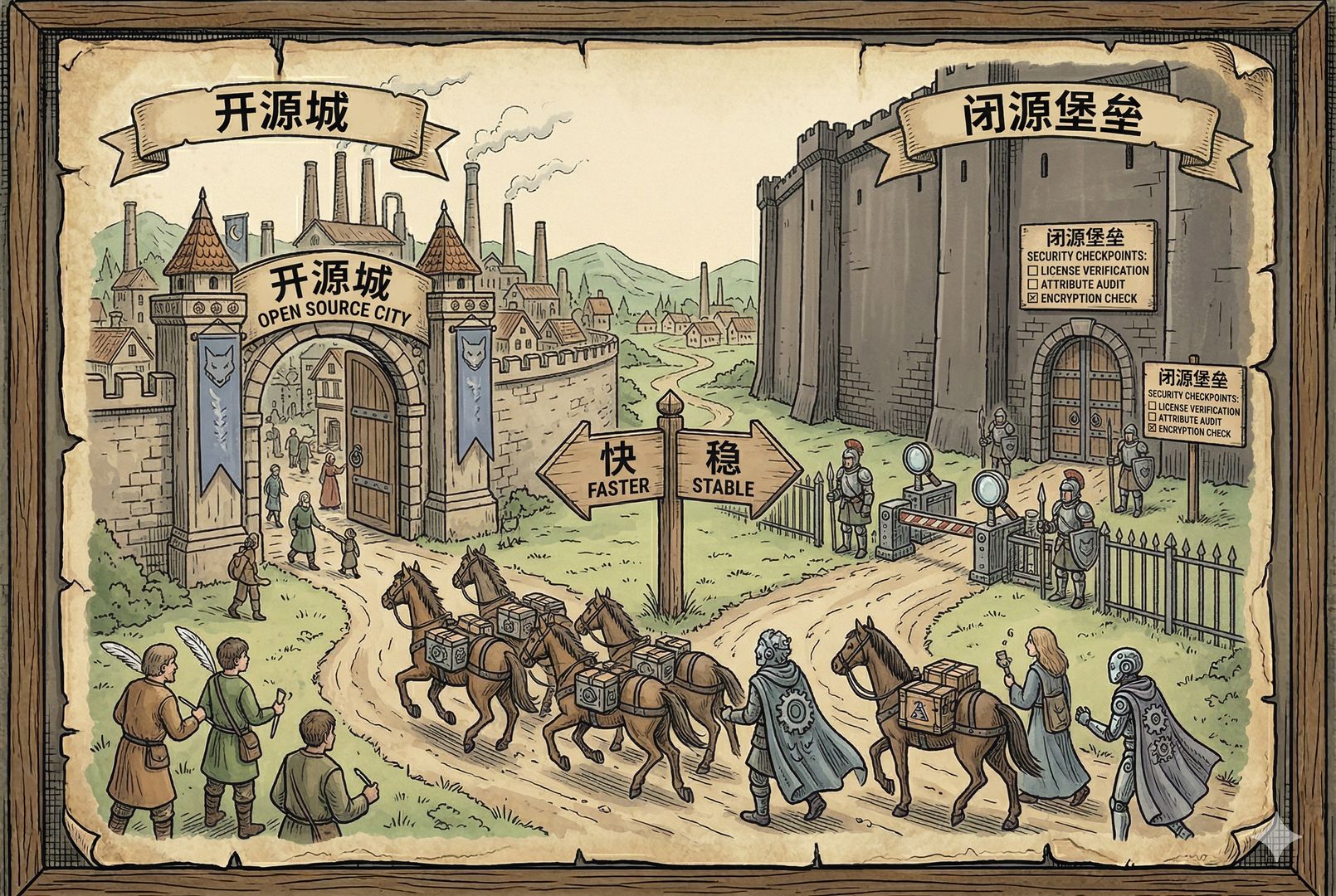 文章收束为一幅对照场景:左侧是敞开的开源城门,右侧是闭源高墙前层层安检哨卡,中间一队开发者和 AI 代理牵着快马继续前行,路牌写着“快”与“稳”的分岔,羊皮纸,钢笔彩色手绘的统一风格。