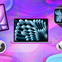 Apple products against a colorful background. 