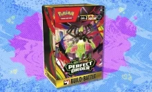 The Pokémon TCG: Mega Evolution—Perfect Order Build & Battle Box on a blue and purple background
