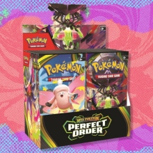 The Pokémon TCG: Perfect Order Booster Box on a purple, red, and blue background