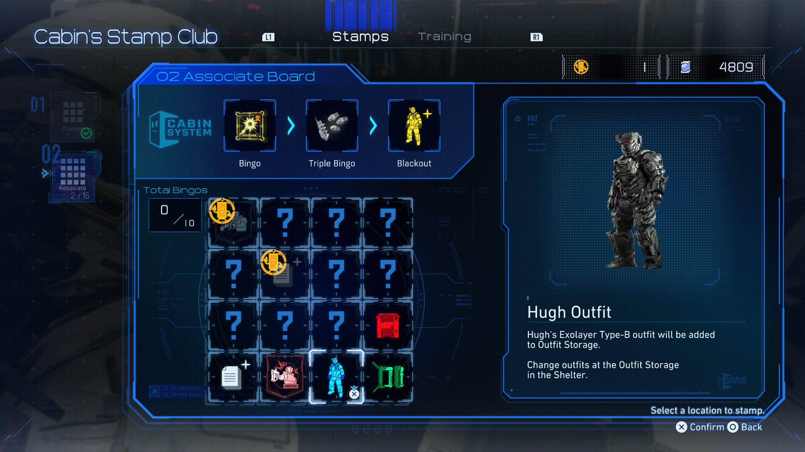 The screen from PRAGMATA shows 'Cabin's Stamp Club' featuring an O2 Associate Board with options for Bingo, Triple Bingo, and Blackout, and a 'Hugh Outfit' including Hugh's Exolayer Type-B.