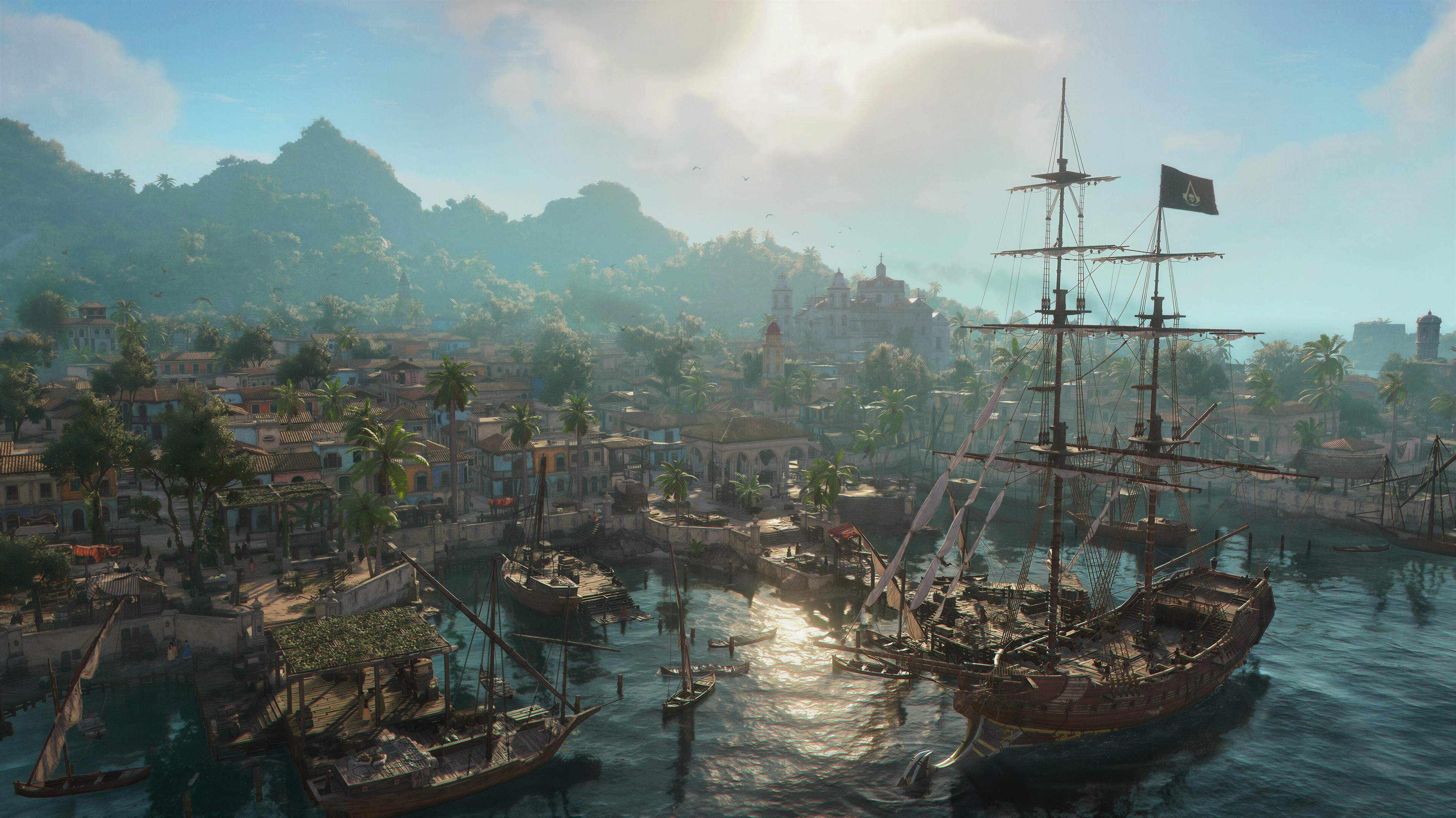 A screenshot from Assassin's Creed Black Flag Resynced showing the Jackdaw in port