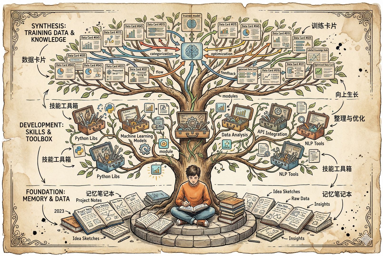 分层结构图式画面,一位用户坐在中央,脚边是记忆笔记本,中层是不断生成的技能工具箱,上层是被整理成训练数据的卡片与箭头,三层围绕人物向上生长,像一棵技术树,羊皮纸,钢笔彩色手绘的统一风格。