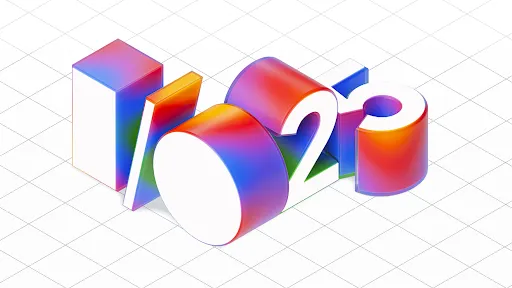Text saying I/O25 in rainbow block letters against a grid
