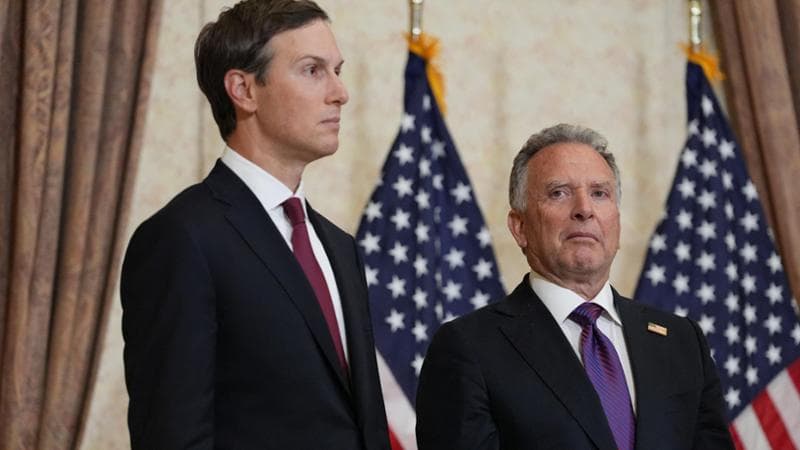 Jared Kushner and Steve Witkoff, Special Envoy for Peace Missions listen as Vice President JD Vance speaks during a news conference after meeting with representatives from Pakistan and Iran, Sunday, April 12, 2026, in Islamabad, Pakistan. Jacquelyn Martin/Pool via REUTERS