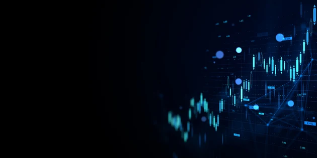Digital financial trading chart with glowing currency indicators and rising data lines displayed on a dark abstract background for modern market analysis. 3D Rendering