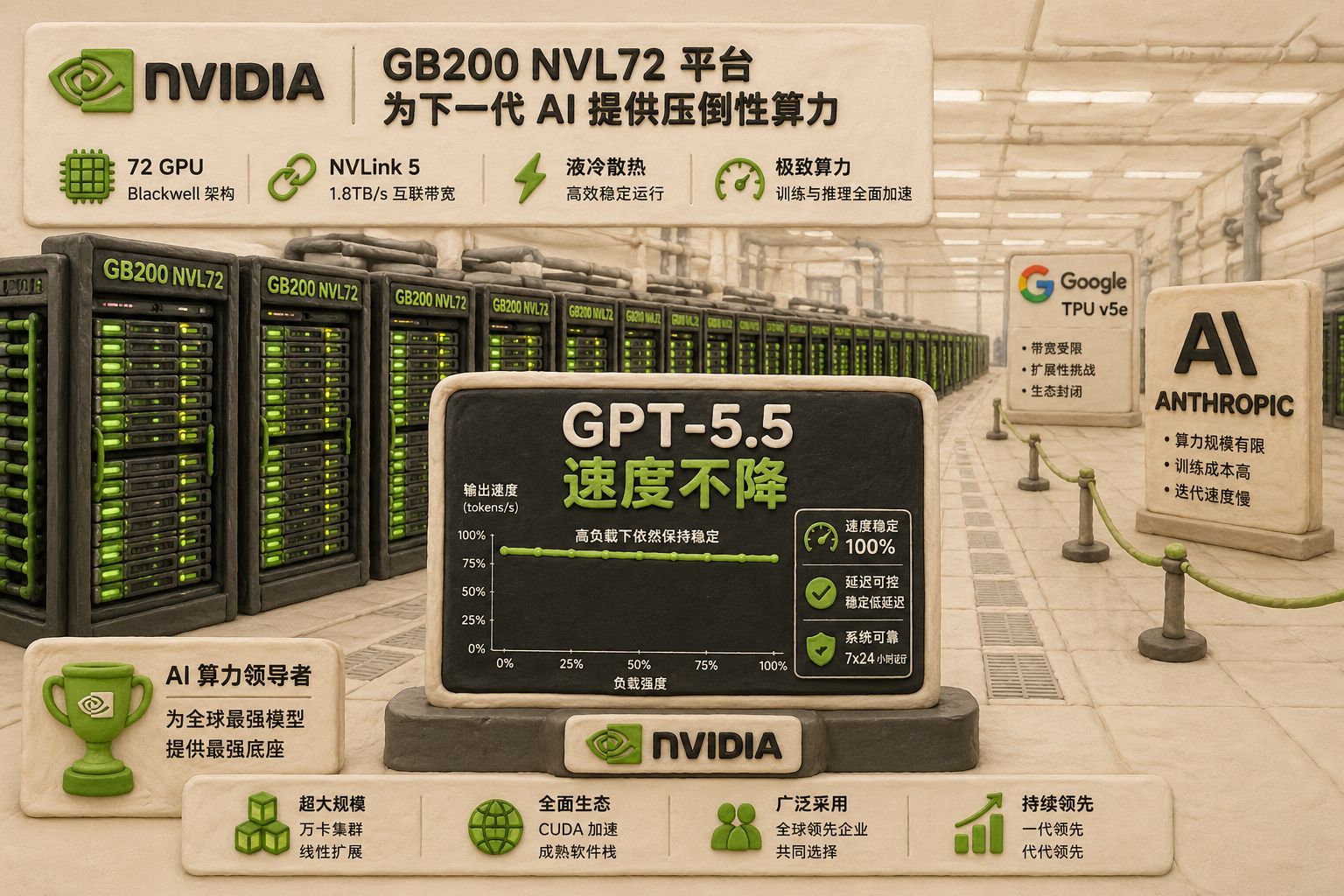 英伟达机房中整齐排列的GB200 NVL72阵列发出绿色光芒，前景是一块写着GPT-5.5速度不降的演示屏，远处谷歌TPU与Anthropic标志像被逼视的对手，场面充满硬件站台意味，羊皮纸，钢笔彩色手绘的统一风格。