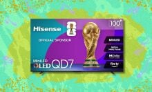 hisense 100-inch class qd7 mini-led 4k tv against a green patterned background