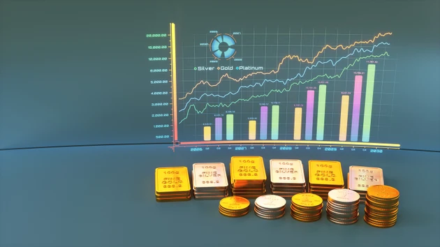 Colorful price projection graph for silver, gold and platinum, with coins and ingots