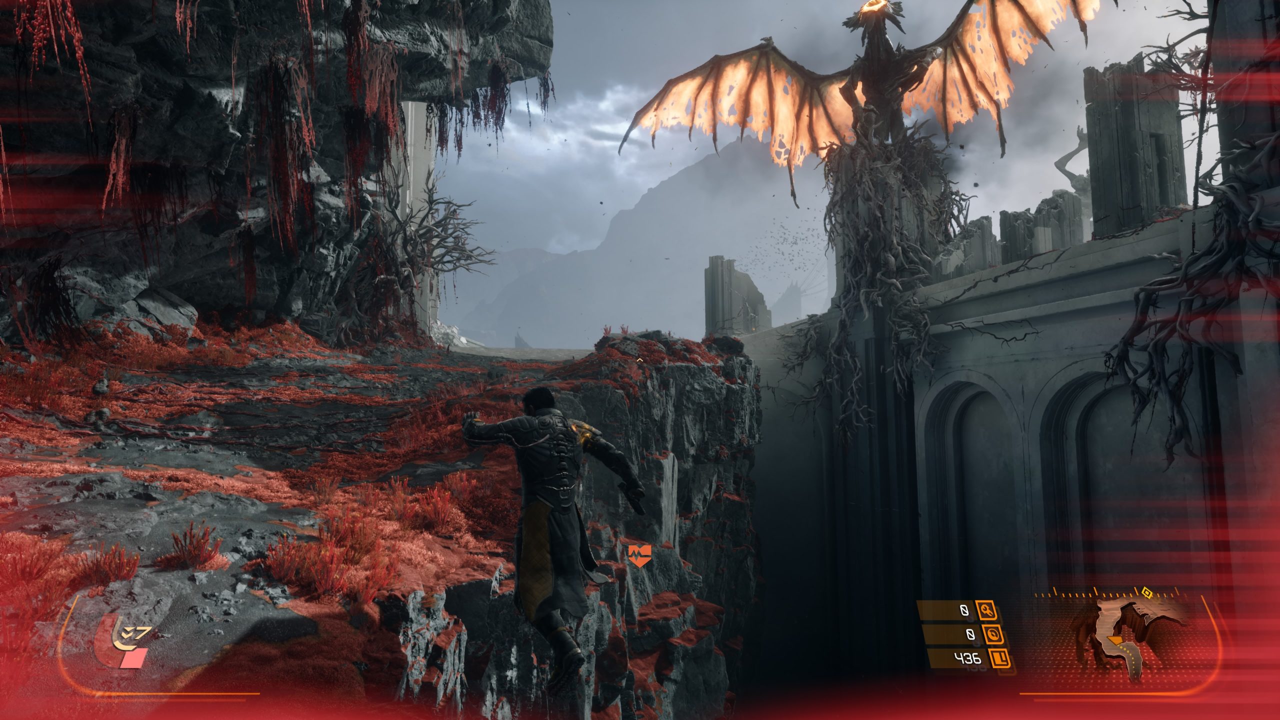 A character in a futuristic suit is leaping across a chasm in a rocky, red-hued landscape with a dragon-like creature flying above in the game Lords of the Fallen.