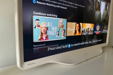 Hisense Déco TV's curved edges and Fire TV streaming apps on screen