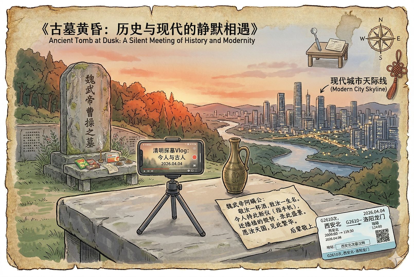 黄昏中的古墓与城市天际线并置,墓前留着酒瓶、车票、纸条和一部刚拍完视频的手机,远处高楼亮起灯光,传统节日与现代生活在同一画面里静静相遇,羊皮纸,钢笔彩色手绘的统一风格。