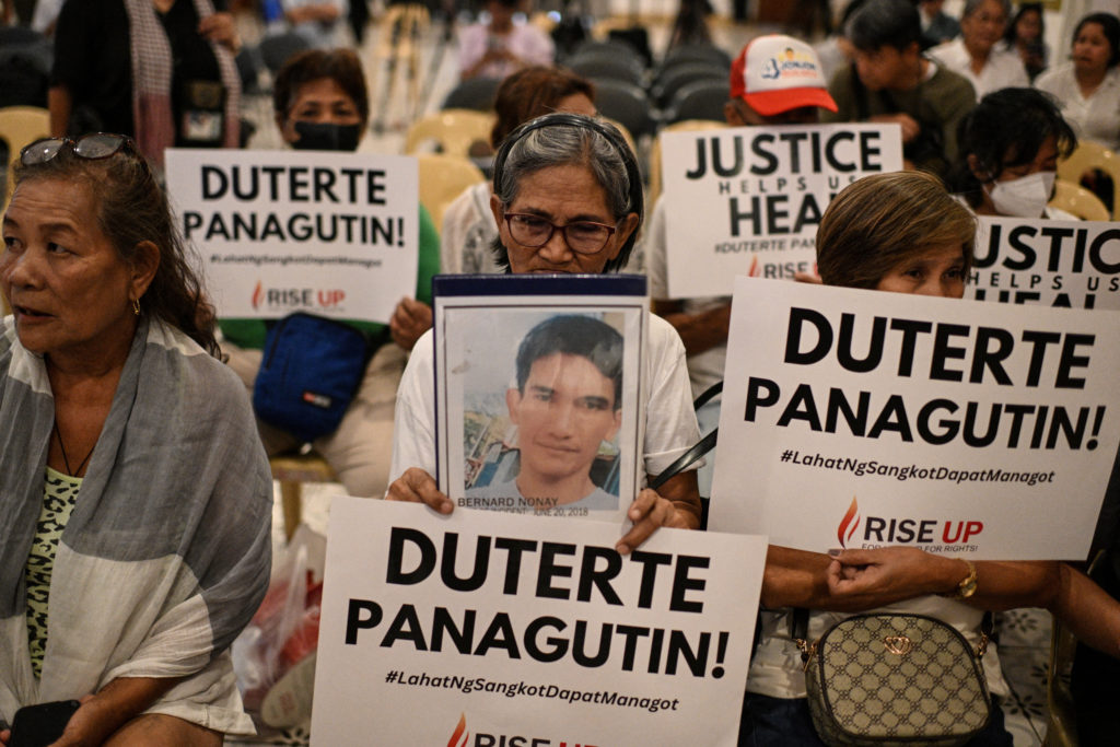 Former Philippine President Rodrigo Duterte's hearing on the confirmation of charges on his alleged crimes against humanit...
