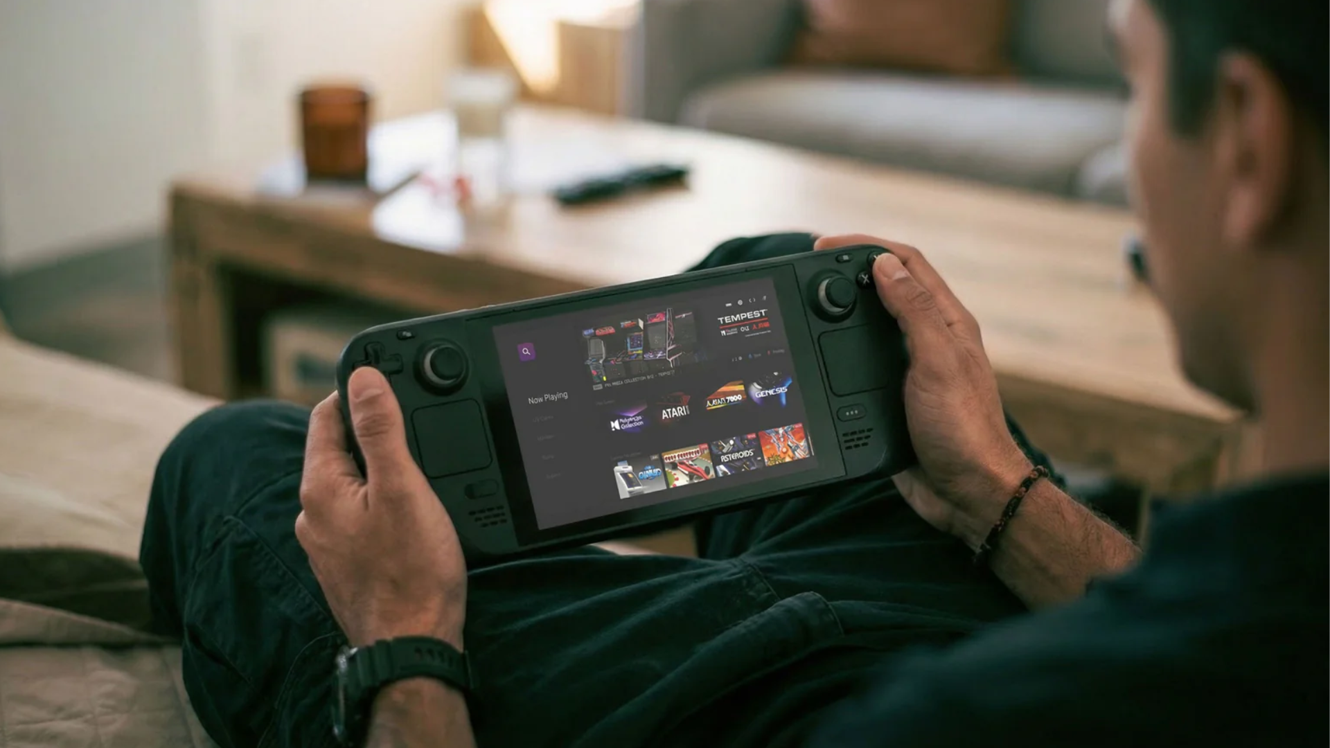 A person playing a retro game on their Steam Deck via Polymega Remix. 