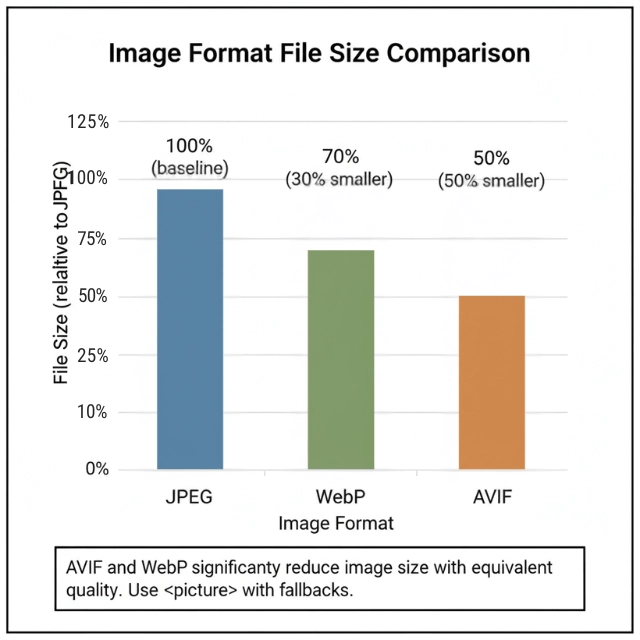 Image format file sizes: JPEG baseline, WebP 70% of JPEG, AVIF 50% of JPEG.