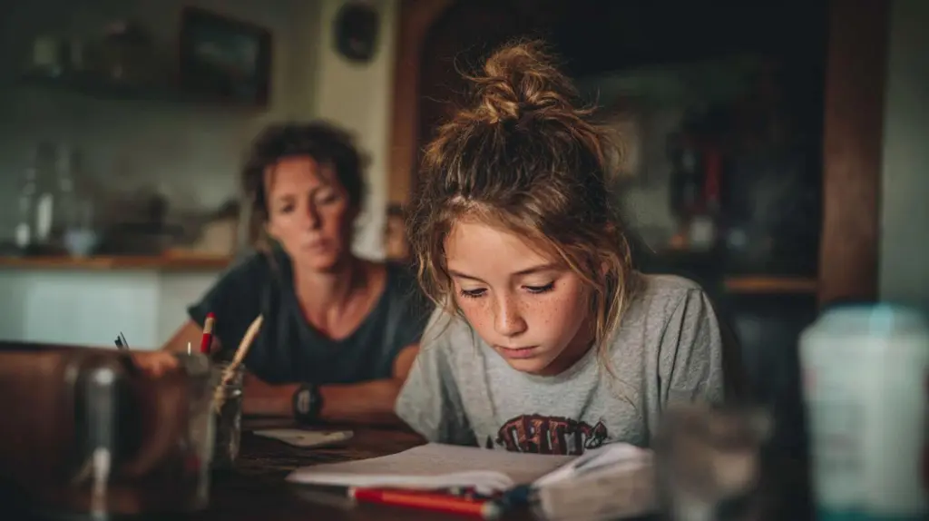 Niña haciendo deberes con su madre