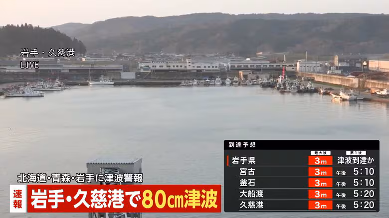 【速報】北海道・浦河、青森・八戸港で40cm　仙台港で30㎝の津波観測　津波が徐々に高くなる地点も　岩手・北海道・青森に津波警報｜FNNプライムオンライン