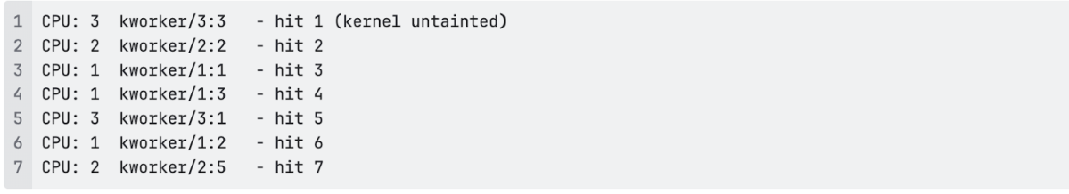 Kernel log summary showing sequential execution hits across multiple CPU cores by kernel workers, indicating successful multi-threaded race condition triggers