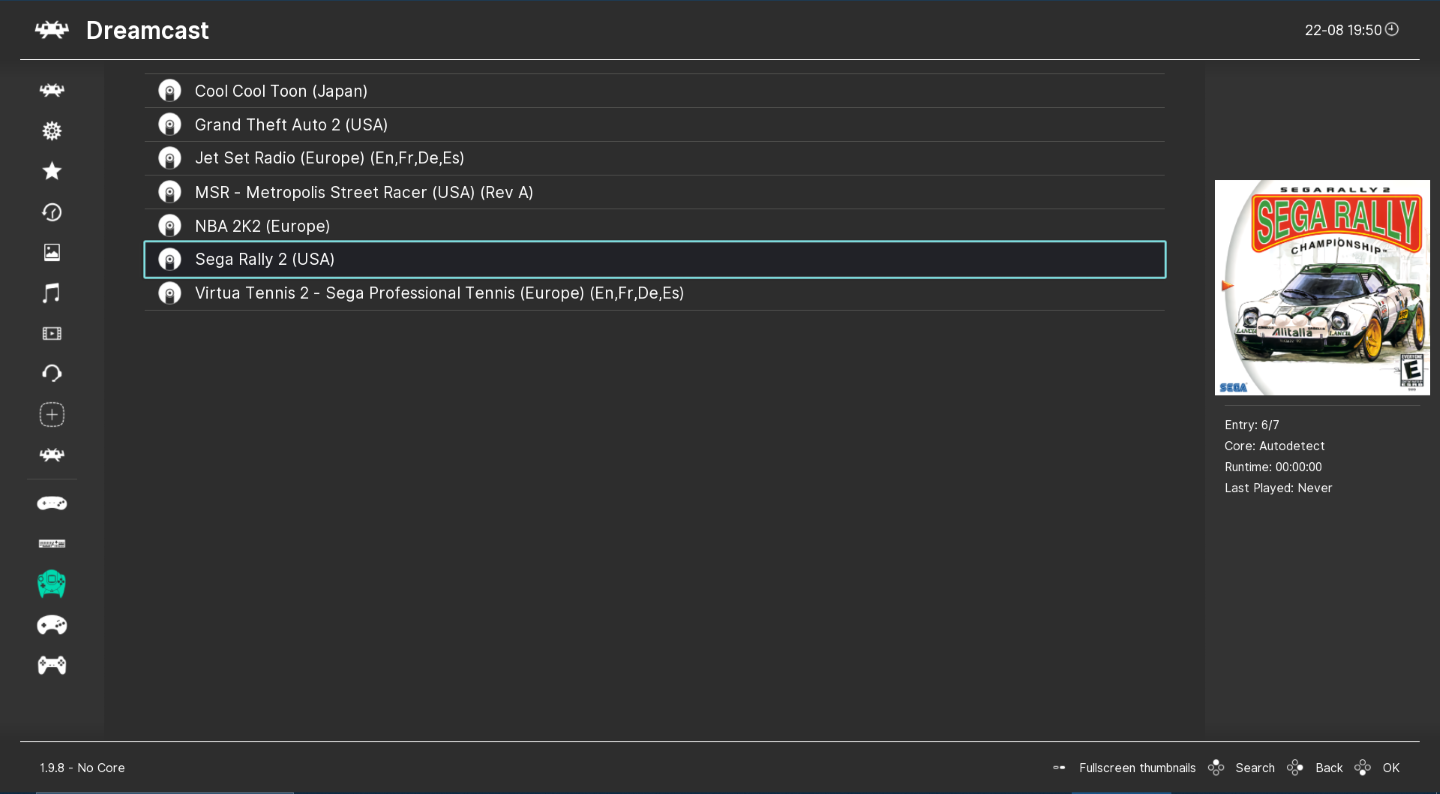 A screenshot of the RetroArch playlist with several Dreamcast games listed, including Sega Rally 2.