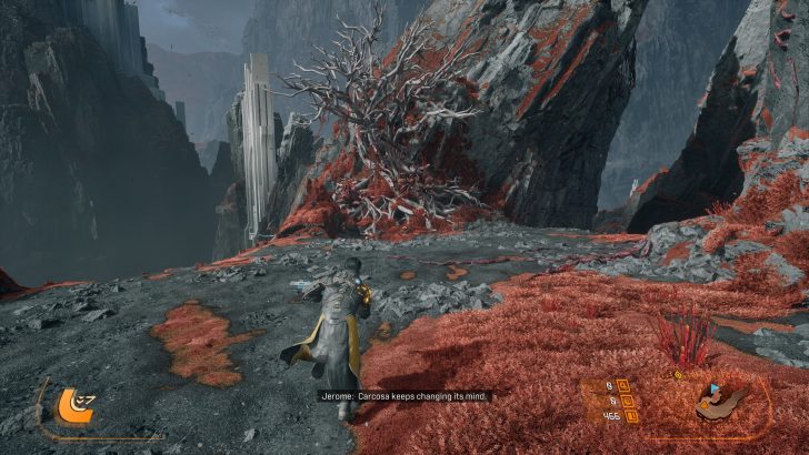 A character in 'Atlas Fallen' runs across a rocky landscape with red vegetation towards a twisted tree, while on-screen text reads, Jerome: Carcosa keeps changing its mind.