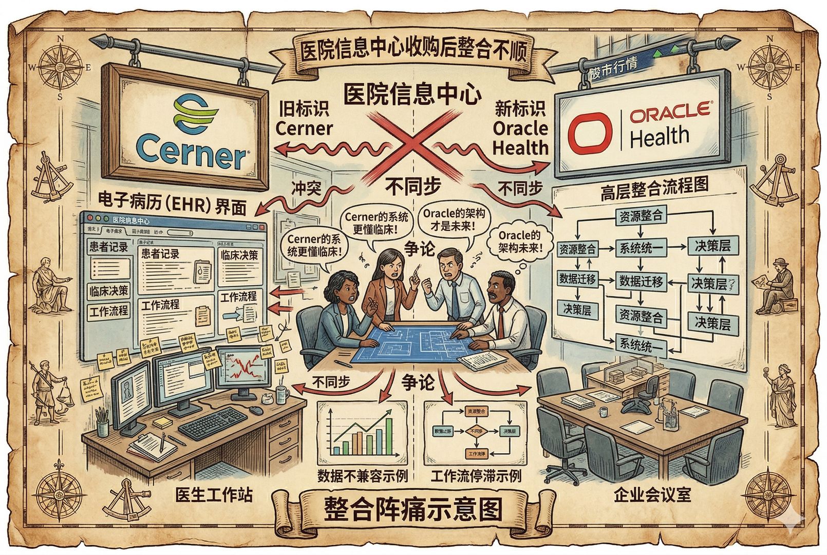 医院信息中心与企业会议室交叠的场景里,Cerner旧标识与Oracle Health新标识并排悬挂,电子病历界面、医生工作站和高层整合流程图彼此冲突,几名管理者在争论,象征收购后整合不顺,羊皮纸,钢笔彩色手绘的统一风格。