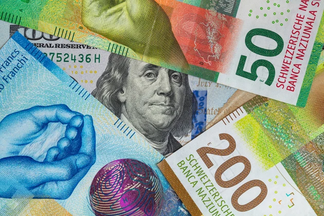 Closeup of 50, 100 and 200 Swiss franc banknotes and 100 dollar banknote