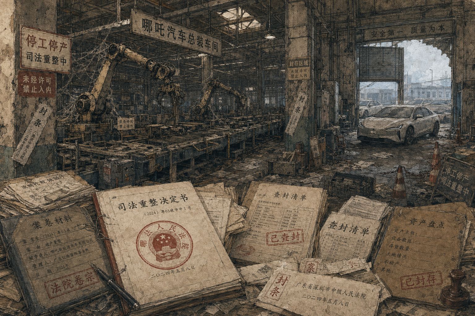 法院卷宗、封条、停产的总装线和落满灰尘的机械臂同处一室,厂区门口停着无人提走的新能源车,呈现司法重整下的工业废墟感,羊皮纸,钢笔彩色手绘的统一风格。