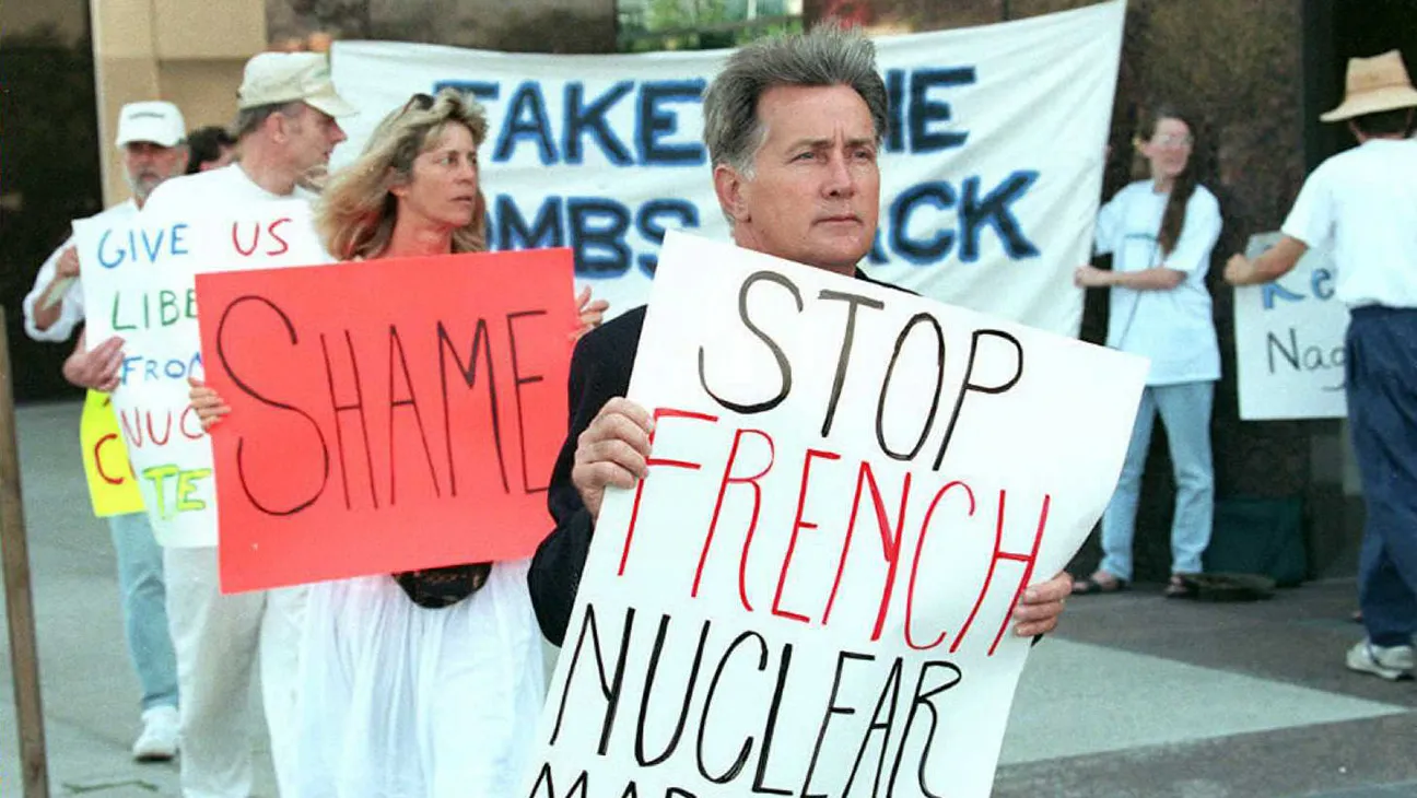 Actor-activist Martin Sheen marches with Greenpeace activists outside the French Consulate on September 8, 1995, to protest the French nuclear tests in the South Pacific.