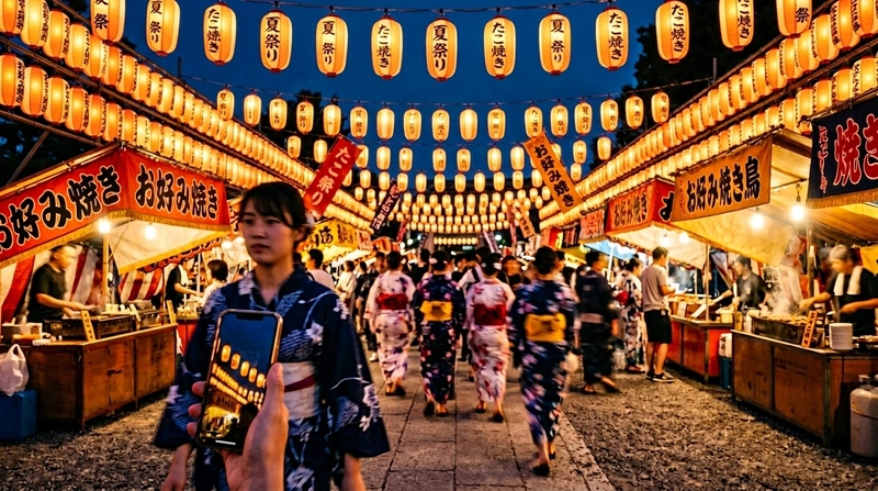 Matsuri economy — paper lanterns at dusk where gold and navy blend