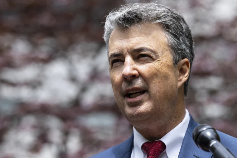 Alabama Attorney General Steve Marshall speaks at a press conference across the street from the Manhattan criminal court, on May 13, 2024, in New York.